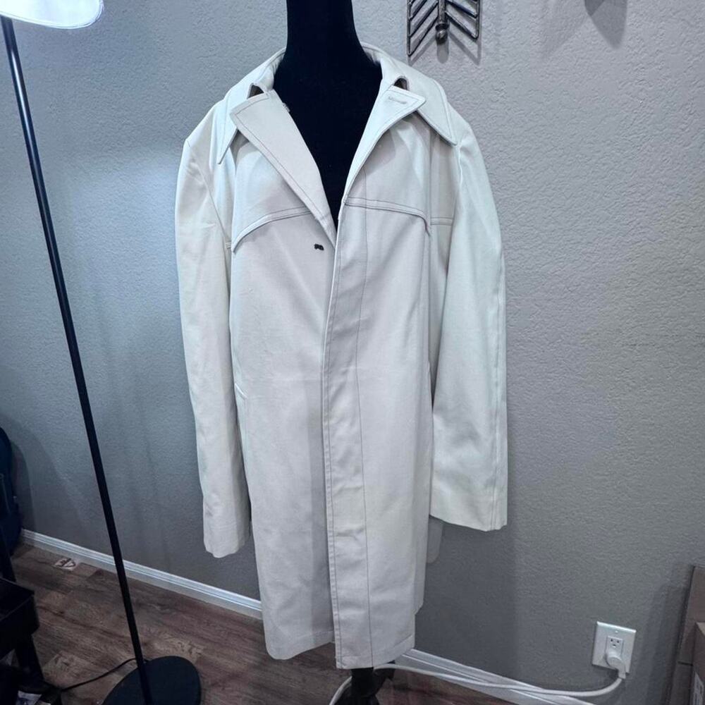 Men’s Cream Cotton Car Coat Minimalist Overcoat Size 44 Long Tailored Jacket
